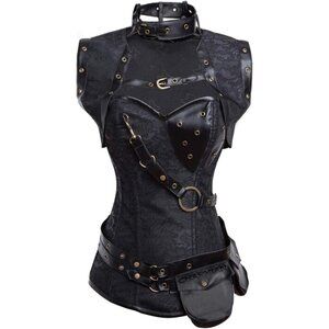 Women First Black Steampunk Vintage Spiral Steel Boned Corset Bustier